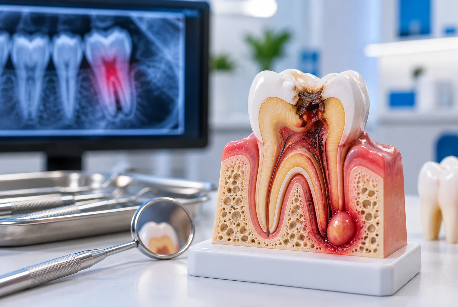 A tooth has signs of infection